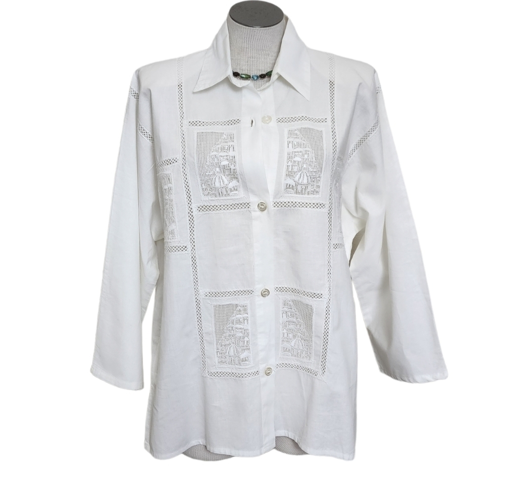 White Collar Lace Cotton Button Down Quarter Sleeve Women's Shirt Size L - Picture 1 of 6